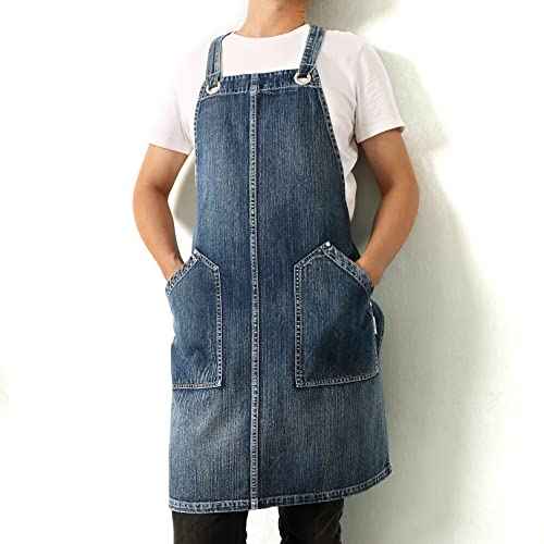 Jeanerlor Denim Cross Back Apron Acid Washed With Pockets for Hair Stylist