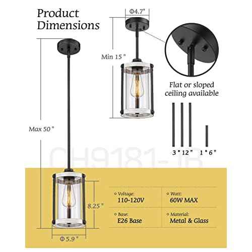 Farmhouse Pendant Light Fixtures, 1-Light Rustic Oak White Pendant Light Fixtures, Mini Glass Hanging Lighting with Rod for Kitchen Island Bar Bedroom, Adjustable Length, OS-3015