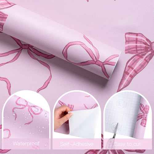 RUSPEPA Peel and Stick Wallpaper, 17.3 Inch x 6.5 Feet, Pink Bow Design Self Adhesive Removable Wallpaper Decorative Waterproof Contact Paper for Cabinets, Walls