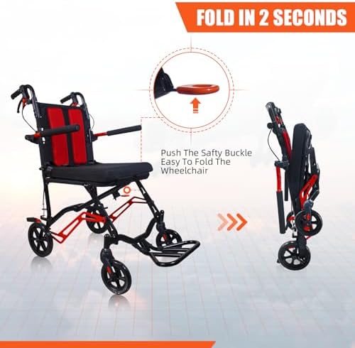 19 lbs Travel Wheelchair Lightweight Foldable – Aluminum Transport Wheelchair for Adults, Portable Manual Wheelchair, Ideal for Seniors & Travel