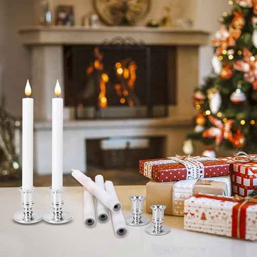LED Flameless Window Candles with Remote Timer Sliver Base 10 PCS Battery Operated Flickering Taper Candle Lights with Removable Candle Holders Best Gift for Xmas Wedding Home Dinner D?cor