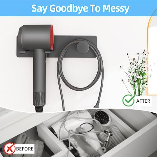 Self Adhesive Hair Dryer Holder Wall Mounted-Bathroom Hair Blow Dryer Rack Organizer Compatible with Supersonic Hair Dryers, Matte Black