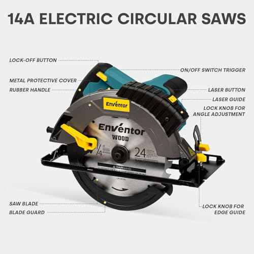 Enventor Circular Saw Corded, 14A Electric Circular Saws 7-1/4-Inch with Laser Guide, 2 Blade Saws (40T/24T), Max Cutting Depth 2-7/16"(90¡Æ), 1-13/16"(0¡Æ-45¡Æ), Single Handed Bevel, 5500RPM, Blue