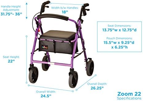 NOVA Medical Products Zoom Rollator Walker with 22" Seat Height, Purple