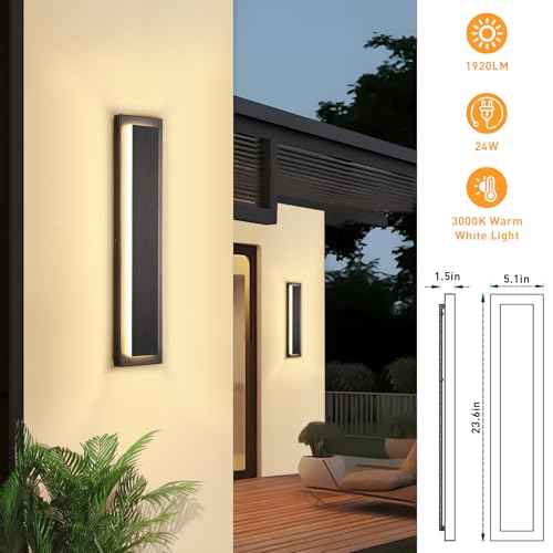24 in Porch Lights Outdoor Sconce Lights,Modern Exterior Front Door Lighting Fixtures,Black Led Long Outdoor Wall Light,Waterproof Outside Lights for House,Patio,Garage,24 W Warm White 1 Pack