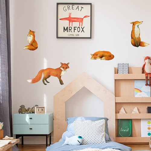 PLIGREAT 4 Pcs Lifelike Red Foxes Wall Stickers, Removable Vinyl Peel and Stick Wall Decals for Nursery Bedroom Playroom Living Room Home Indoor DIY Wall Art Decor TV Background Wall Decoration
