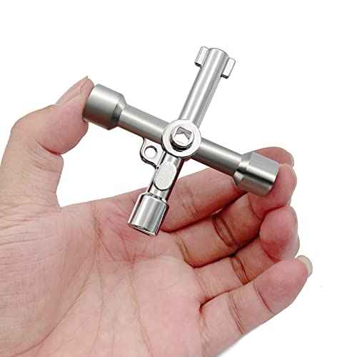 4-Way Multi-Functional Utility Key, 4 in 1 Universal Cross Key Stainless Steel Triangle Square Key for Water Gas Meter Valve Elevator Cabinet (Silver)