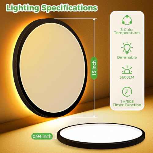Zemty 15 Inch LED Ceiling Light With Night Light 1800K, 3000K/4000K/6500K Dimmable Fixture With Remote Control, Low Profile Lighting for Bedroom Living Room Kitchen-Black
