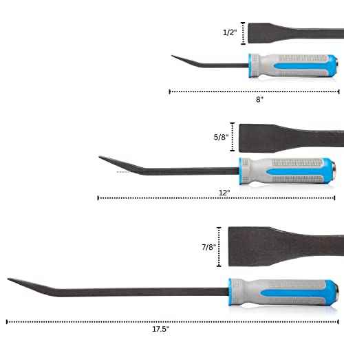 NEIKO 00251A Pry Bar, 3 Piece Angled Tip Pry Bar Set, 8", 12" & 17.5" Crow Bar with Go Through Striking Cap, Textured TPR Breaker Bar Handles, Heavy Duty Black Oxide Coated Chromium Steel Small PryBar