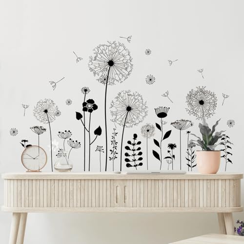 Supzone Black Dandelion Wall Stickers Attractive Flying Flower Butterfly Wall Decals Peel and Stick Creative Self Adhesive Wall Art Sticker for Bedroom Living Room Office Sofa Wall Decor