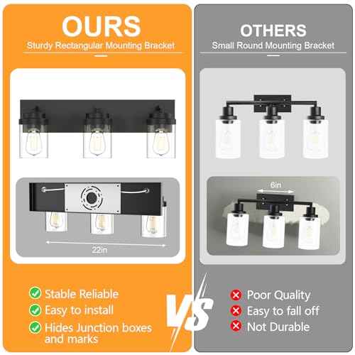 IZORRO Bathroom Vanity Light Fixture, 3-Light 22 Inch Matte Black Bathroom Light Fixtures Over Mirror, with Clear Glass Shade, Modern Farmhouse Vanity Lights, Rustic Restroom Lighting Fixtures