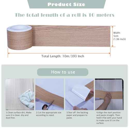 Teak Wood Grain Removable PVC Waterproof Border Wall Decor Removable Self Adhesive Door Frame Window Mirror Bathroom Tiles Sticker Grain Trim Wallpaper 1.96inch x 393inch