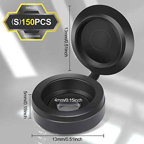HNYYZL 150 PCS Screw Caps, Black Plastic Hinged Screw Covers, S Size, Fits #6/#8 Screws (M3/M4), 150 Pieces