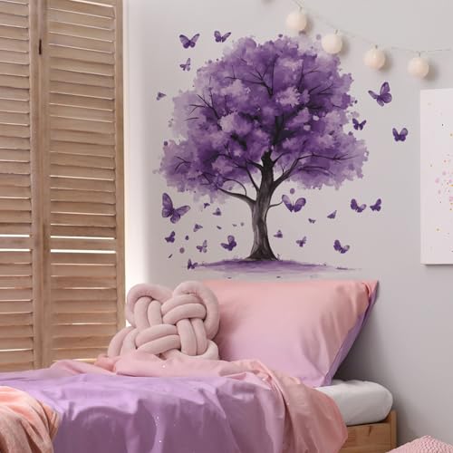 Purple Tree Wall Decals Removable Purple Butterfly Wall Stickers Peel and Stick Vinyl Plant Wall Decor Waterproof for Bedroom Living Room Bathroom Decorations
