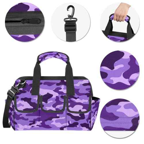 Purple Camouflage Tool Bag for Men Women Multi-Pockets Wide Mouth Tool Storage Bags 14.8 Inch Waterproof Heavy Duty Tool Bag Organizer for Electrician Mechanic Plumbers Handymen