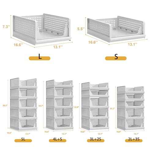 Proarea 5 Pack Stackable Plastic Storage Basket Closet Organizer Bin Foldable Clothes Organizer Storage Drawer Shelf Container for Living Room Bathroom Kitchen Office (5L)
