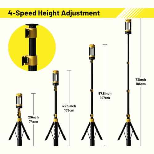 LHOTSE Rechargeable Camping Light with Stand, 83" Tall Portable 3000 Lumens Cordless Work Light with 3 LED Lamps Head & Detachable Tripod, 9AH Battery LED Work Light Dimmable with Travel Bag