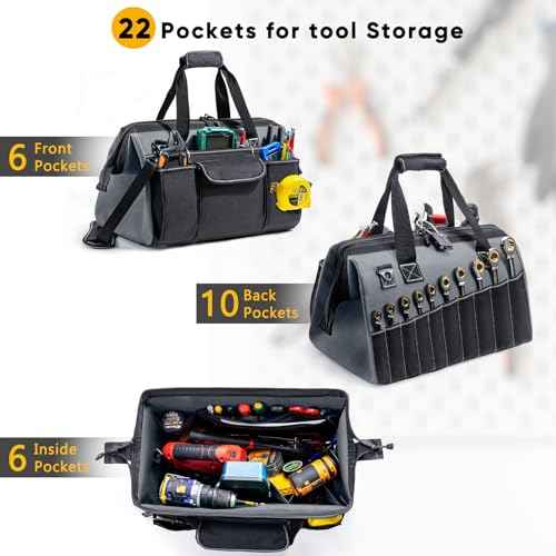 Large Heavy Duty Tool Bag for Men ? 17" Toolbox Organizer with 22 Pockets & Wrench Holder ? Wide Mouth Tool Tote with Anti-Slip Base ? Gift for Handyman, Mechanic, Father's Day