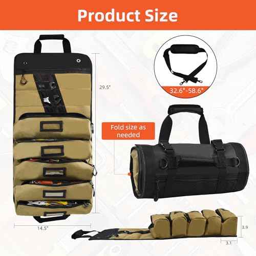Roll Up Tool Bags Organizer,Microfiber lining Heavy Duty Motorcycle Tool Roll Bag Organizer(BlackBrown)