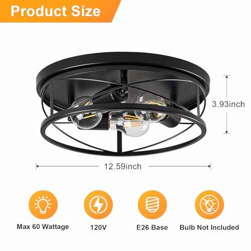 Farmhouse Light Fixtures, Black Round Metal Flush Mount Ceiling Light, 3-Light Cage Ceiling Lamp for Kitchen, Foyer, Bedroom, Hallway£¨Bulbs Not Included£©