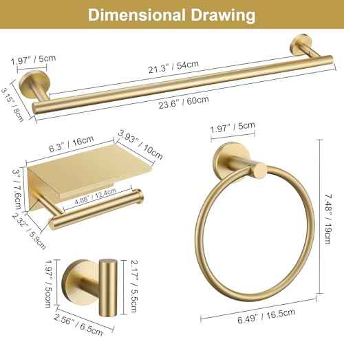 Brushed Gold Bathroom Hardware Set, 5 Pieces Gold Towel Bar Bathroom Accessories, Upgraded Toilet Paper Holder with Shelf Set, 23.6 Inch Towel Rack Towel Holder for Bathroom Wall