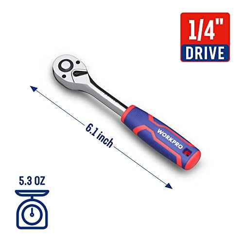 WORKPRO 1/4-Inch Drive Ratchet Wrench, 72-Tooth Reversible Ratchet, Quick-Release 1/4 Drive Ratchet Handle, CR-MO Head, Chrome Plated Finish