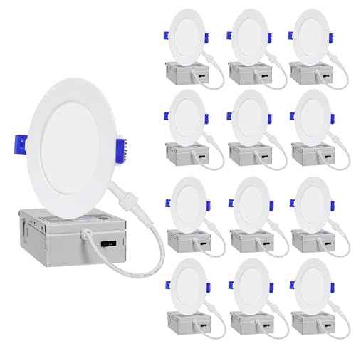 LAMPHOME 12-Pack of 4-Inch Slim LED Recessed Lights with Junction Box, Adjustable Color Temperatures (2700K-5000K), 9W Equivalent to 75W, Dimmable, 950LM Brightness - ETL and Energy Star Certified