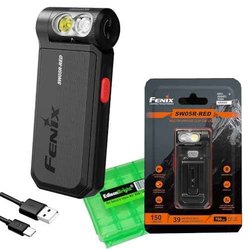 Fenix SW05R-RED Clip On Flat Body swival Flashlight with Red Light with EdisonBright Accessory case Bundle (Black)