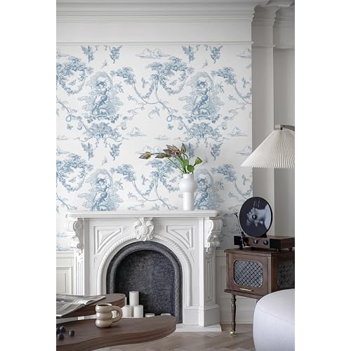 CiCiwind Peel and Stick Wallpaper Blue and White Toile Wallpaper Vintage Removable Waterproof Wall Paper for Bathroom Bedroom Living Room French Contact Paper for Cabinets Vinyl Rolls 17.3"¡¿78.7"