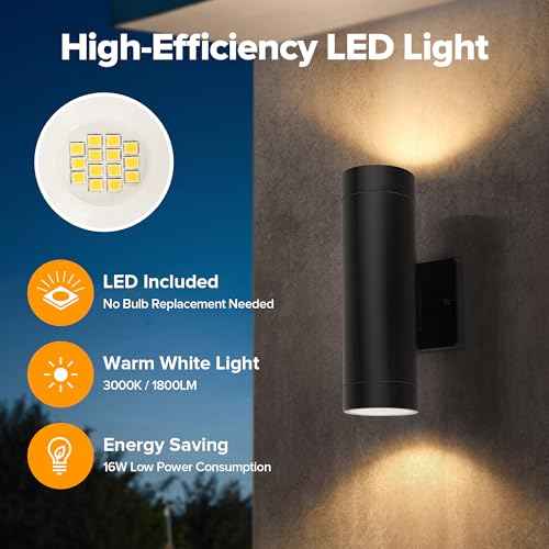 LUTEC Outdoor Wall Light Fixtures, Integrated LED Cylinder Up-Down Sconce, 16W 3000K Waterproof Aluminum Exterior Lighting, Modern Matte Black Wall Sconce Outdoor Lighting for Porch, Entryway, 2 Pack