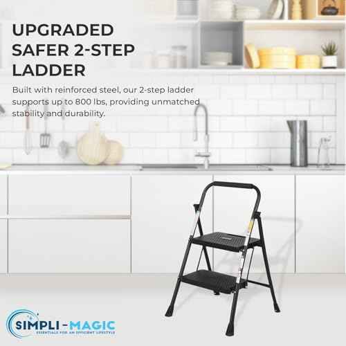 SIMPLI-MAGIC 2-Step Ladder, 800 LBS Capacity Folding Step Stool ? Anti-Slip Wide Steps & Handgrip ? ANSI Certified Lightweight & Durable Steel Stepping Stool for Kitchen, Home, Office & Garage