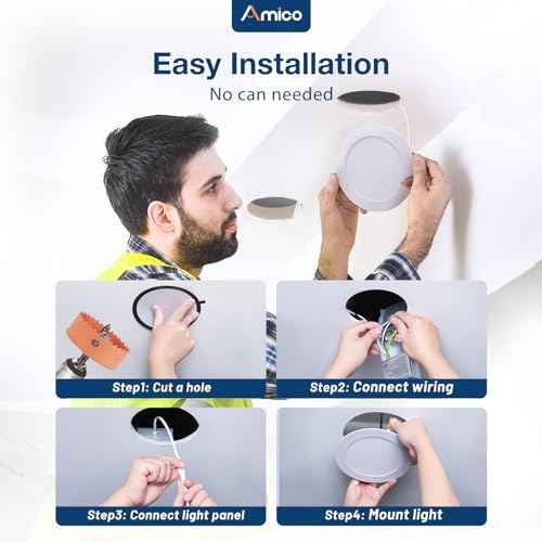Amico 12 Pack 6 Inch 3CCT Ultra-Thin LED Recessed Ceiling Light with Metal Junction Box, 3000K/4000K/5000K Selectable, 12W Eqv 100W, Dimmable LED Canless Wafer Downlight, 1000LM-ETL&FCC