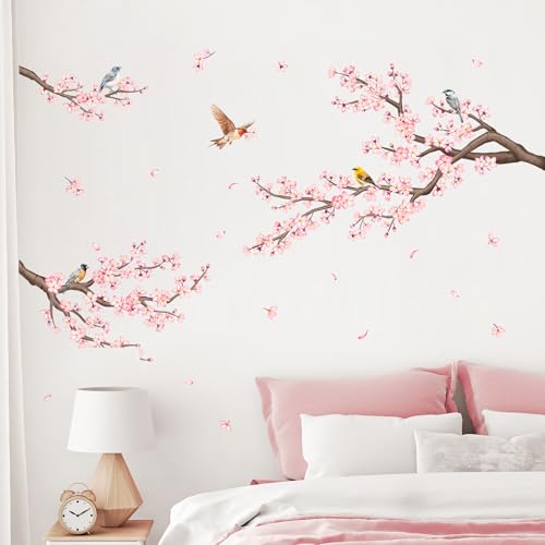 Pink Cherry Blossom Branch Wall Decals, Flowers Birds Wall Stickers Vinyl Peel and Stick Wall Decal Self Adhesive Wall Art Sticker for Aisle Bedroom Offices Sofa TV Backdrop Wall Home Decor