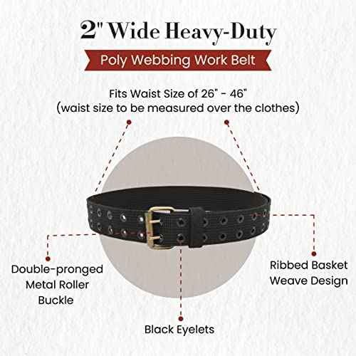 Style n Craft 2" Wide Heavy-Duty Poly Webbing Work Belt, Durable and Rugged Belt with Double-Prong Metal Roller Buckle, Black (95012)