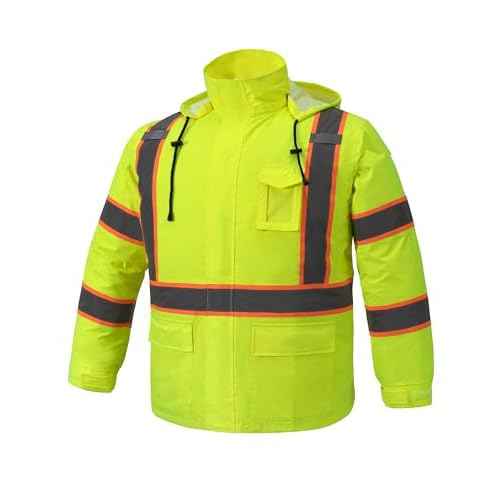 Men's Hi Vis Rain Jacket & Safety Rain Coat Waterproof Lightweight with Hood, Class 3 Reflective Adult Yellow Work Rain Jacket (L/XL)
