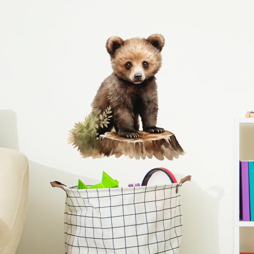 Lifelike Bear Standing on Tree Stump Wall Stickers for Nursery Little Bear Animal Wall Decal Stickers Peel and Stick Wall Art Home Decor Wall Stickers for Living Room Bedroom Classroom