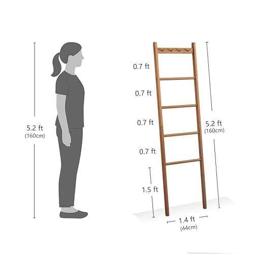 Beech Wood Blanket Ladder, 5.3ft Natural Farmhouse Quilt Holder with Top Hooks, 4-Bar Decorative Throw Rack, Towel Shelf for Living Room, Bedroom, Small Space Storage (Natural)