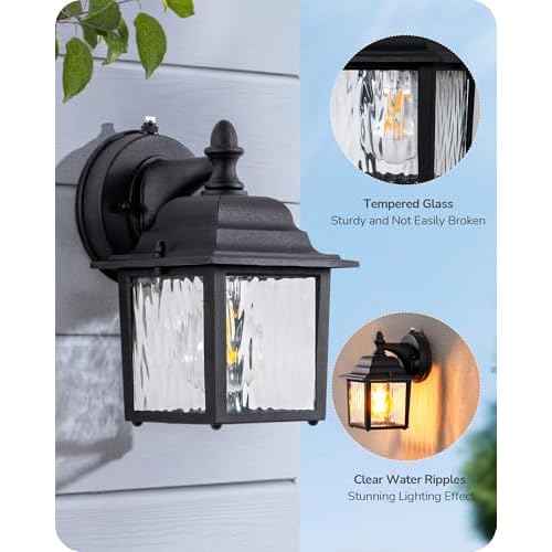EDISHINE 2 Pack Outdoor Porch Light, Dusk to Dawn Exterior Lighting Fixtures, Modern Outdoor Wall Lights Fixture, Clear Water Ripple Glass, Anti-Rust Waterproof for Front Door Garage Patio, Black