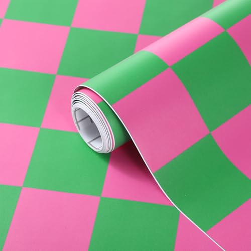 Pink Green Checkered Peel and Stick Wallpaper 70s Retro Funky Checkered Contact Paper Geometric Waterproof Wallpaper Neutral Checkerboard Decor for Bathroom Cabinet(9.8' x 15.75'')
