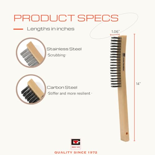 14¡± Wire Brush Set C80300 ? 2 Pack, Heavy-Duty 3-Row Carbon Steel & Stainless Steel Bristles, Long Plastic Handle, Rust & Paint Removal, Corrosion-Resistant, for Scrubbing, Detailing & Deep Cleaning