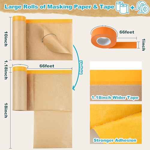 Pre-Taped Masking Paper for Painting, 2 Pack 18 inch x 66 feet Painters Paper Roll and 1 inch x 66 feet Masking Tape, Tape and Drape Paint Masking Paper for Painting Cars Auto Body Wall Floor