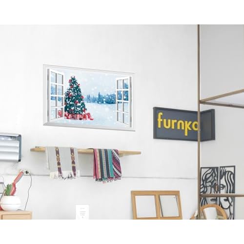 FLFK Fake Window Wall Decal - Christmas Tree Faux Window Wall Mural for Wall Decor, Peel and Stick Wall Sticker,24"x16"