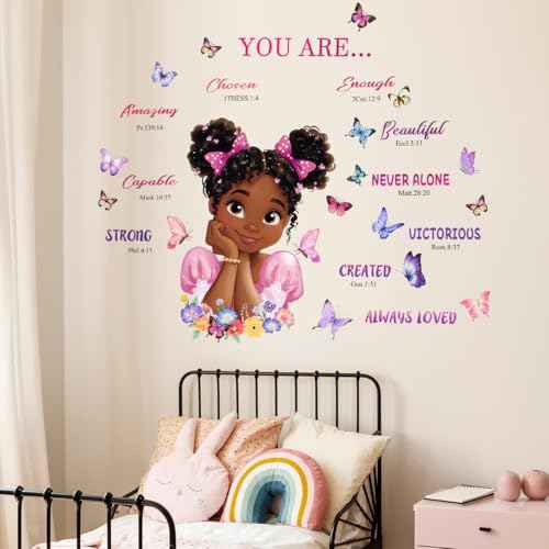 Black Girls Inspirational Wall Decals 44x35in - Pink Purple, Floral Butterfly Scripture Quotes, Peel and Stick Removable for Bedroom Nursery