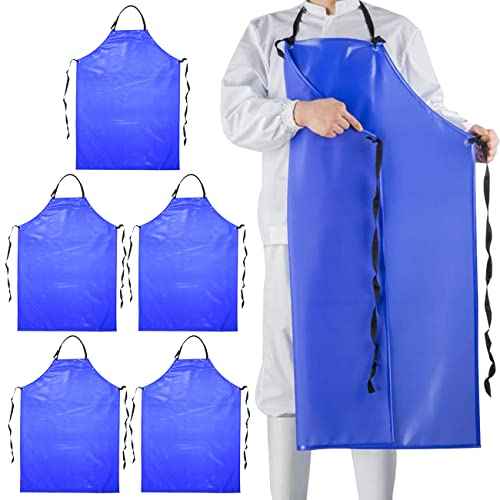 Chemical Resistant Vinyl Apron - Blue Plus Size Unisex PVC Aprons for Dishwashing,Dog Grooming,Gardening,Fish Cleaning,Lab Work£¨5 Pack£©