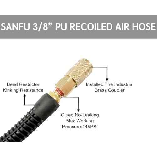 SANFU (PU) Polyurethane Recoil Air Hose 3/8¡±ID(9.1x 12.2mm) x 25ft, Flexible, Professional 145PSI with Reassembled Brass Quick Coupler and Plug, Grey(25')