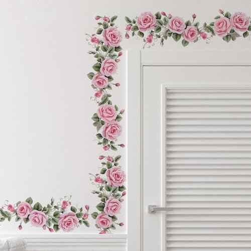 Pink Siren Rose Flower Vine Wall Stickers, sacinora Floral Art Botanical Wall Decals Removable Vinyl Peel and Stick for Furniture Door Living Room Bedroom Nursery Decorations