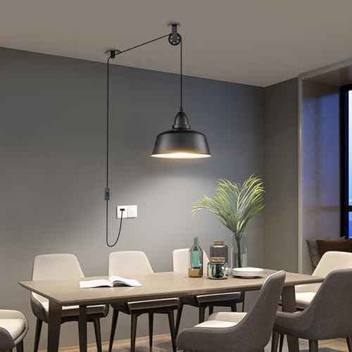 Plug in Pendant Light, Farmhouse Hanging Lights with Plug in Cord, Pulley Hanging Lamp, Black Industrial Pendant Lights Fixture for Kitchen Island, Bedroom, Dining Room, Living Room, Office