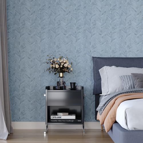 VaryPaper Light Blue Grasscloth Peel and Stick Wallpaper Herringbone Fabric Wallpaper Waterproof Self Adhesive Grass Cloth Contact Paper Removable Vinyl Wall Paper for Bedroom Cabinets 15.7''x78.7''