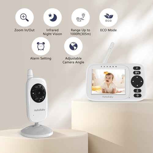 HelloBaby Baby Monitor No WiFi,Video Baby Monitor with Camera and Audio,3.2'' IPS Screen, Manual Baby Camera Adjustment, Night Vision, 1000ft/305m Range, ECO/VOX, Feeding Reminder, USB Charging Cable
