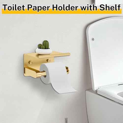 Brushed Gold Bathroom Hardware Set 5 Pieces Towel Bar Set Round Towel Holder Set for Bathroom,Upgraded Toilet Paper Holder with Shelf,Stainless Steel Wall Mounted 23.6 Inch